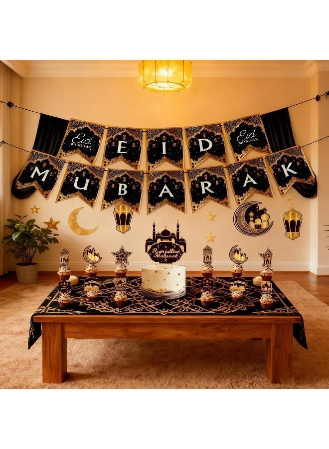 20 PCS Eid Mubarak Decorations Ramadan Kareem Decorations Golden Banners Moon Star Garland Cupcake & Cake Toppers Islamic Muslim Theme Party Supplies for Home - Image 3